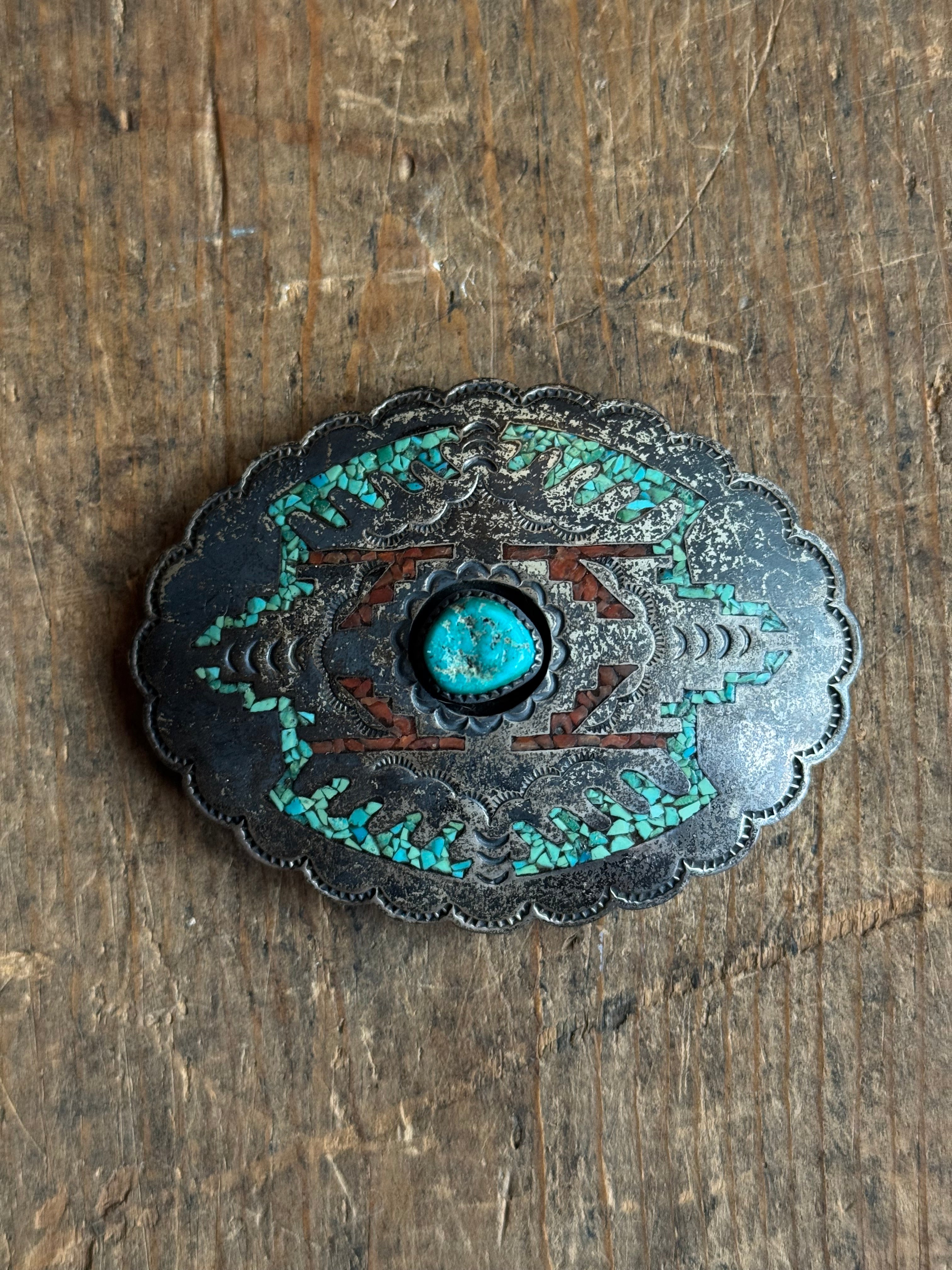 Vintage Sterling Silver Crushed Coral & Turquoise Inlay Concho Belt Buckle