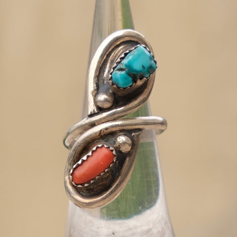 Vintage Sterling Turquoise and Coral Ring 7.25