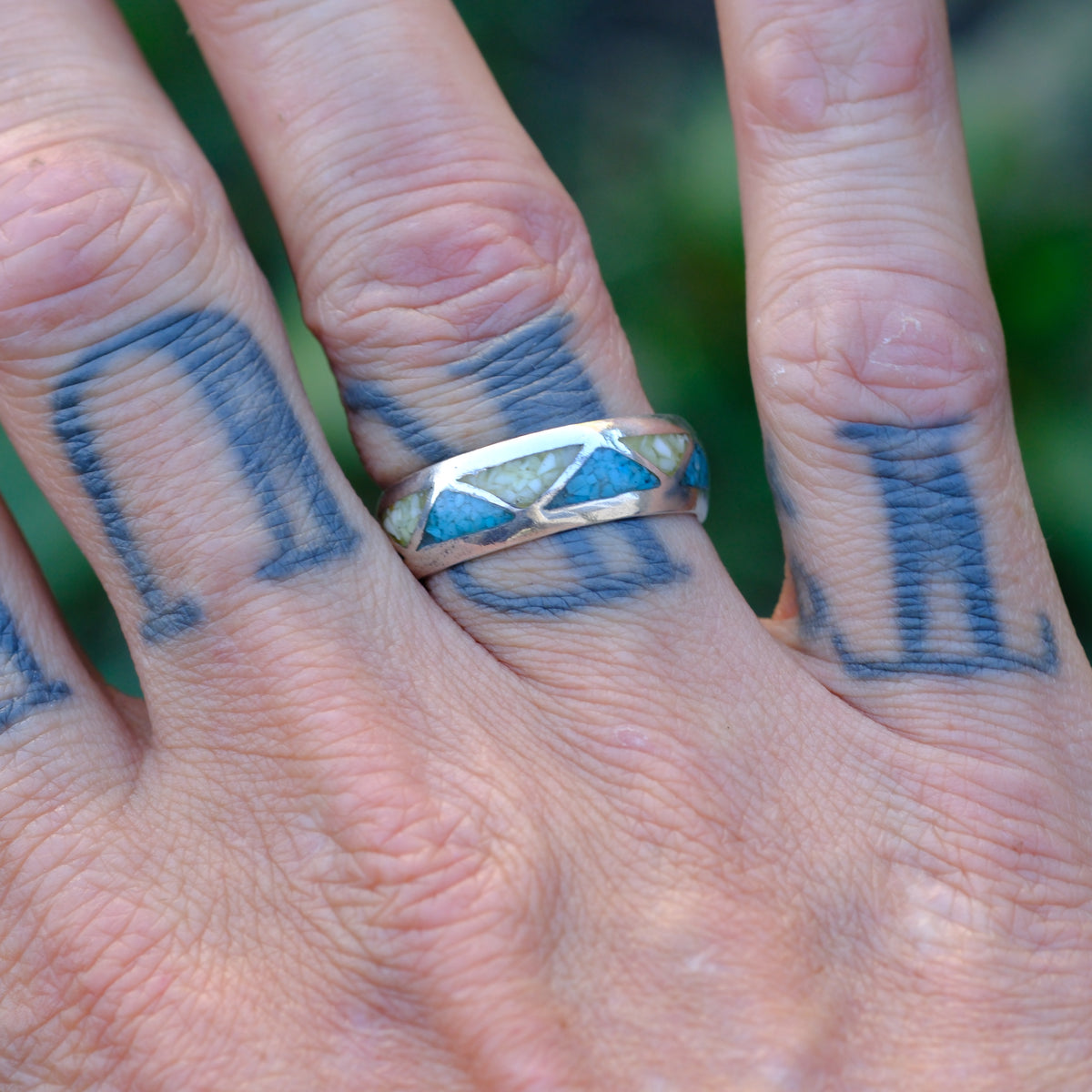 Vintage Sterling Turquoise and Mother Of Pearl Inlay Band 9.75