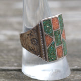Vintage Sterling Turquoise and Coral Inlay Stamped Band Ring 10.25