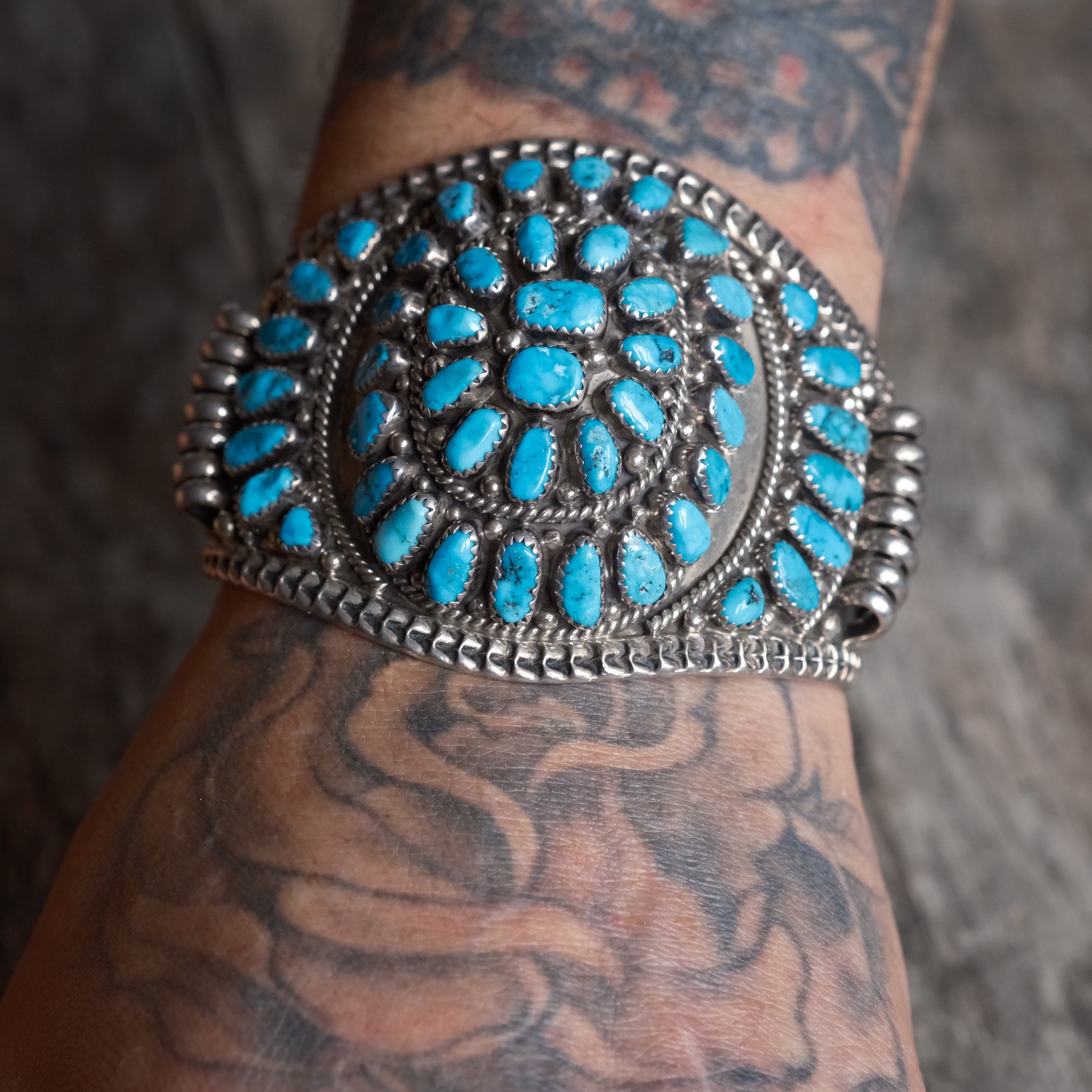 Huge Vintage Sterling Turquoise Inlay Cluster Cuff