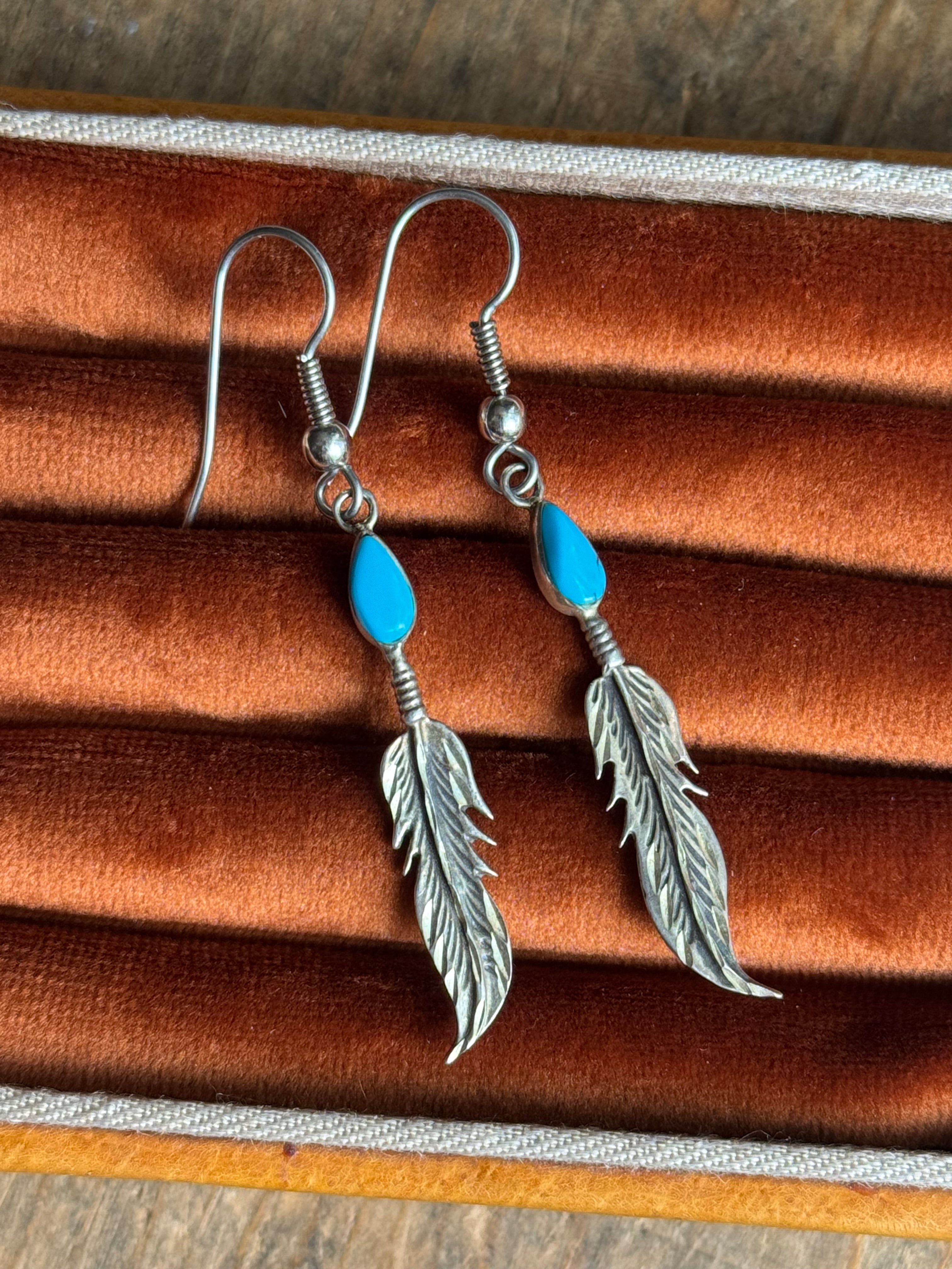 Vintage Sterling Silver Turquoise Feather Earrings