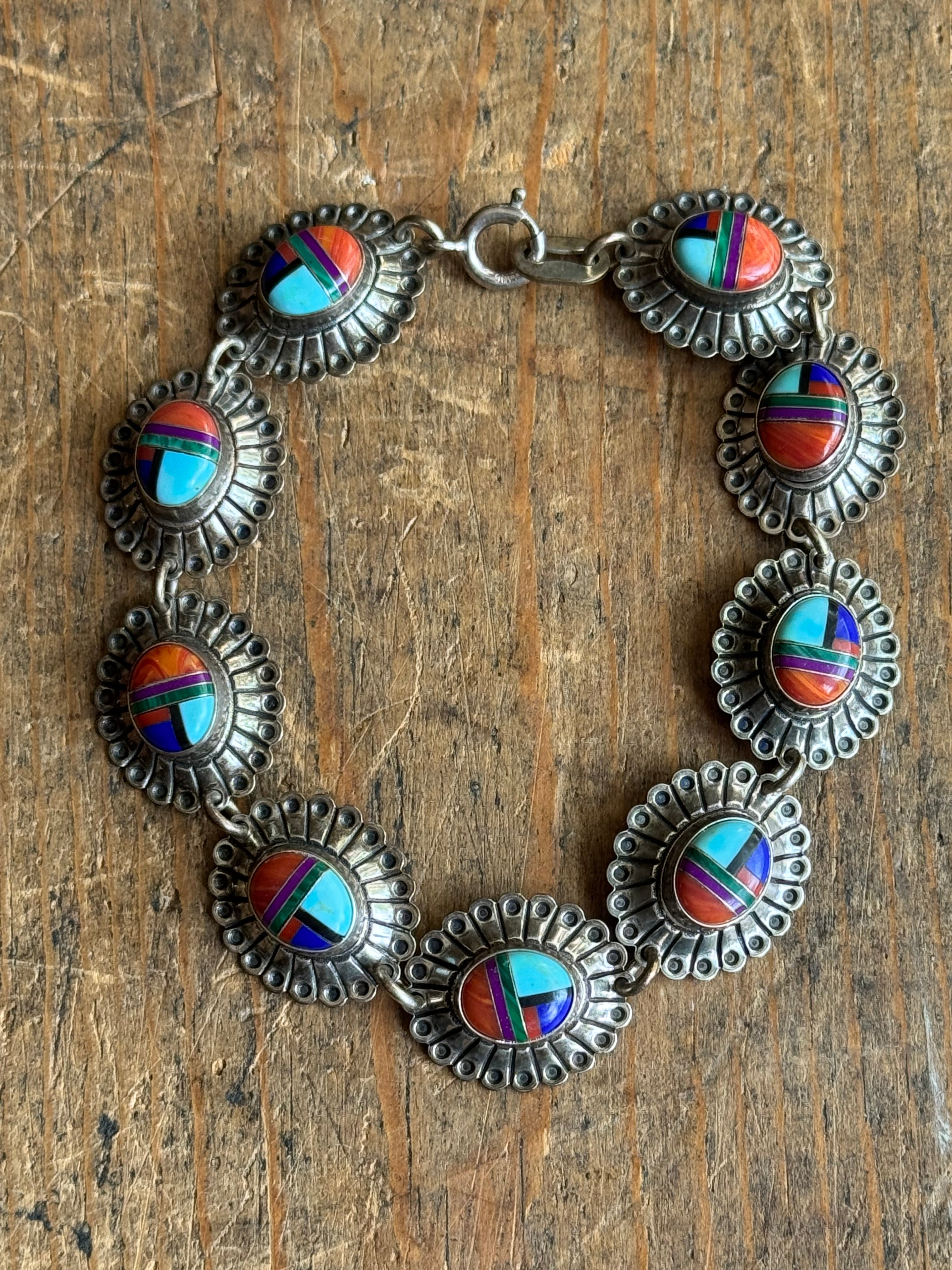 Vintage Sterling Silver 7.25” Multistone Inlay Concho Link Bracelet