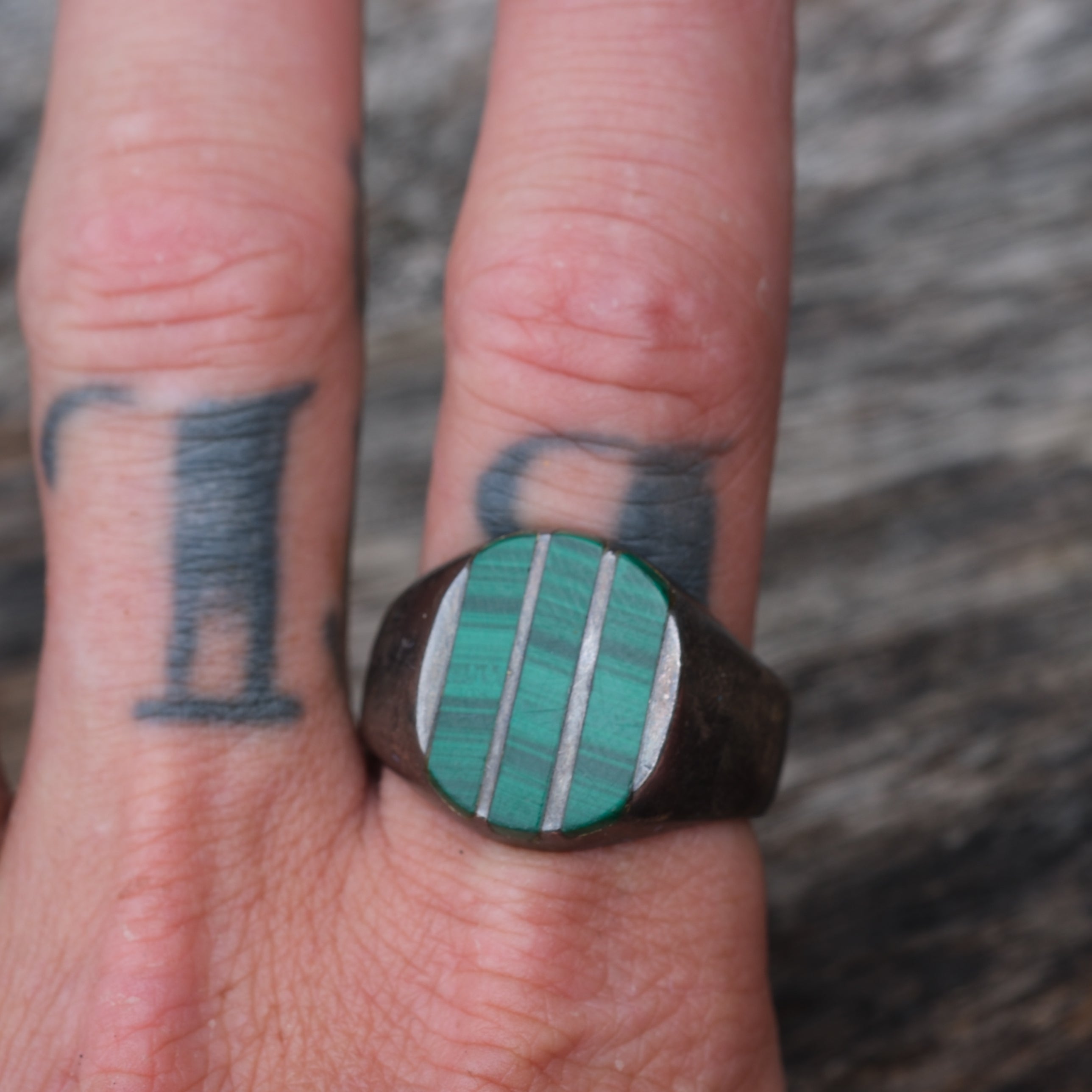 Vintage Sterling Malachite Inlay Striper Ring 13.25