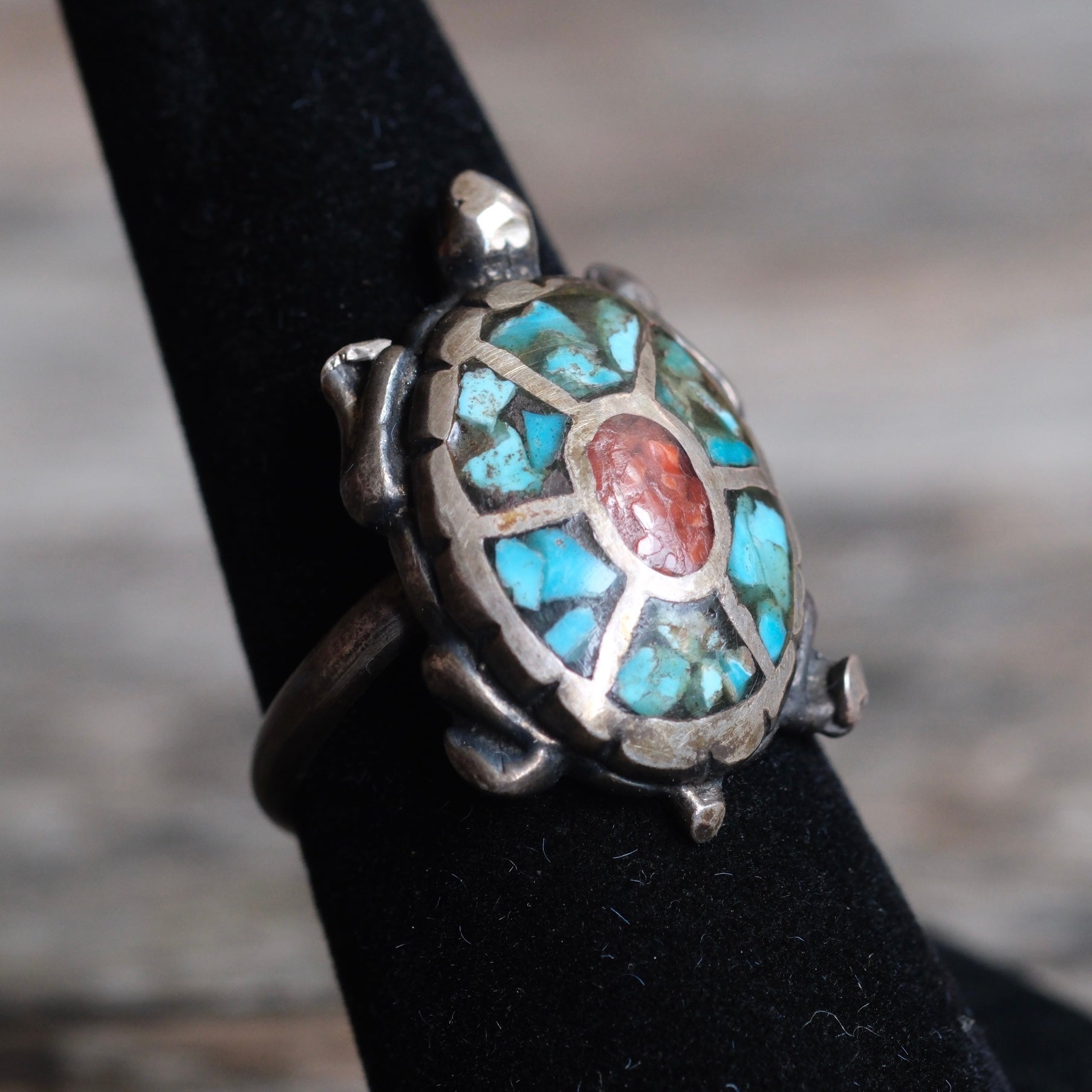 Vintage Sterling Turquoise and Coral Inlay Turtle Ring 7.25