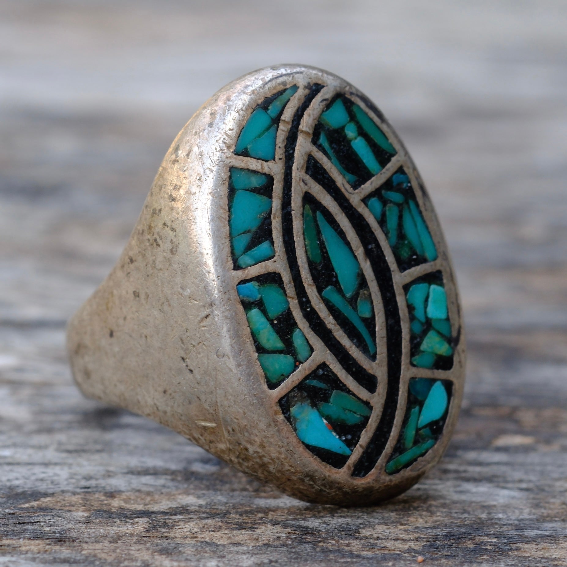 Vintage Sterling Turquoise Chip Inlay Hummingbird Ring 10.5