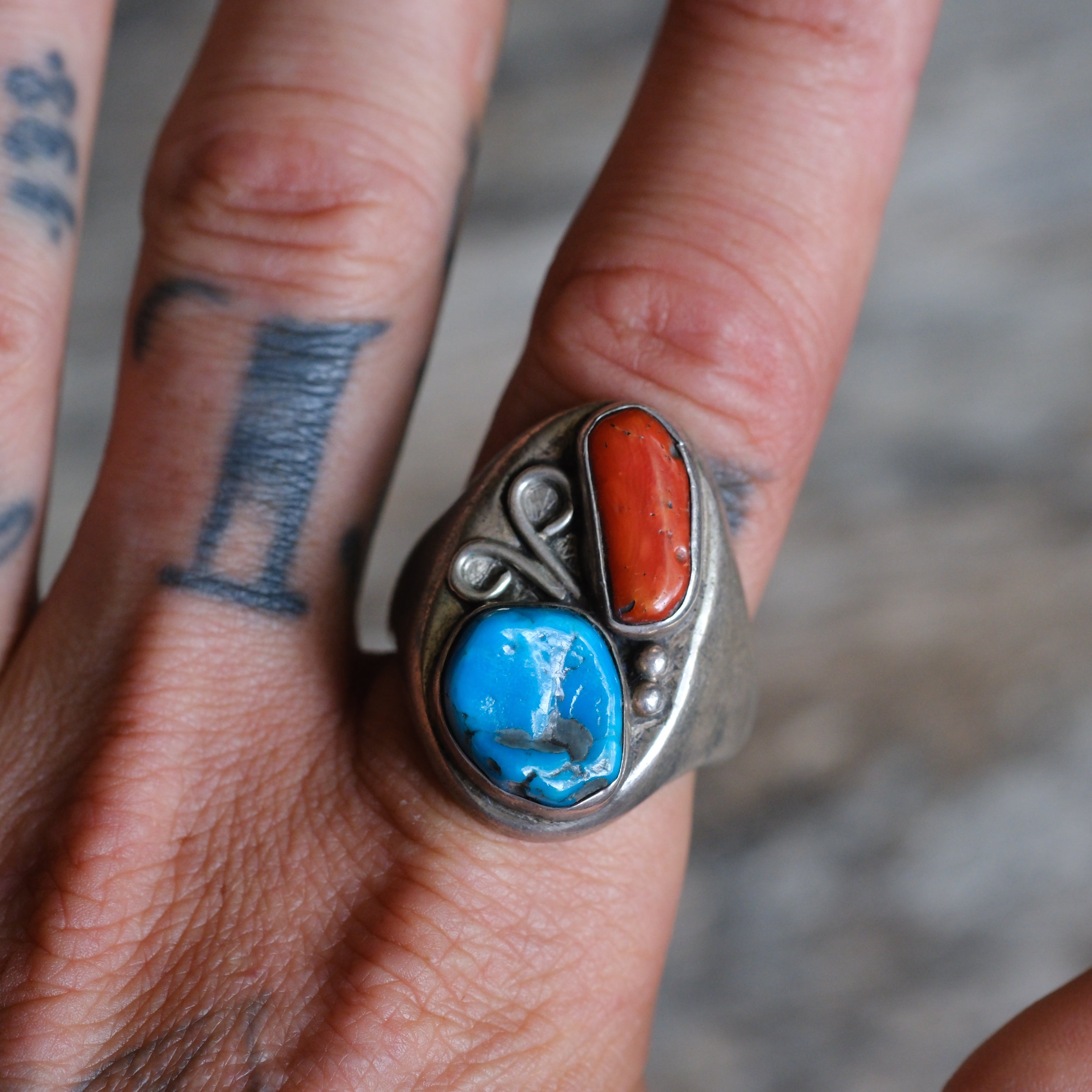 Vintage Sterling Turquoise and Coral Ring 11.5