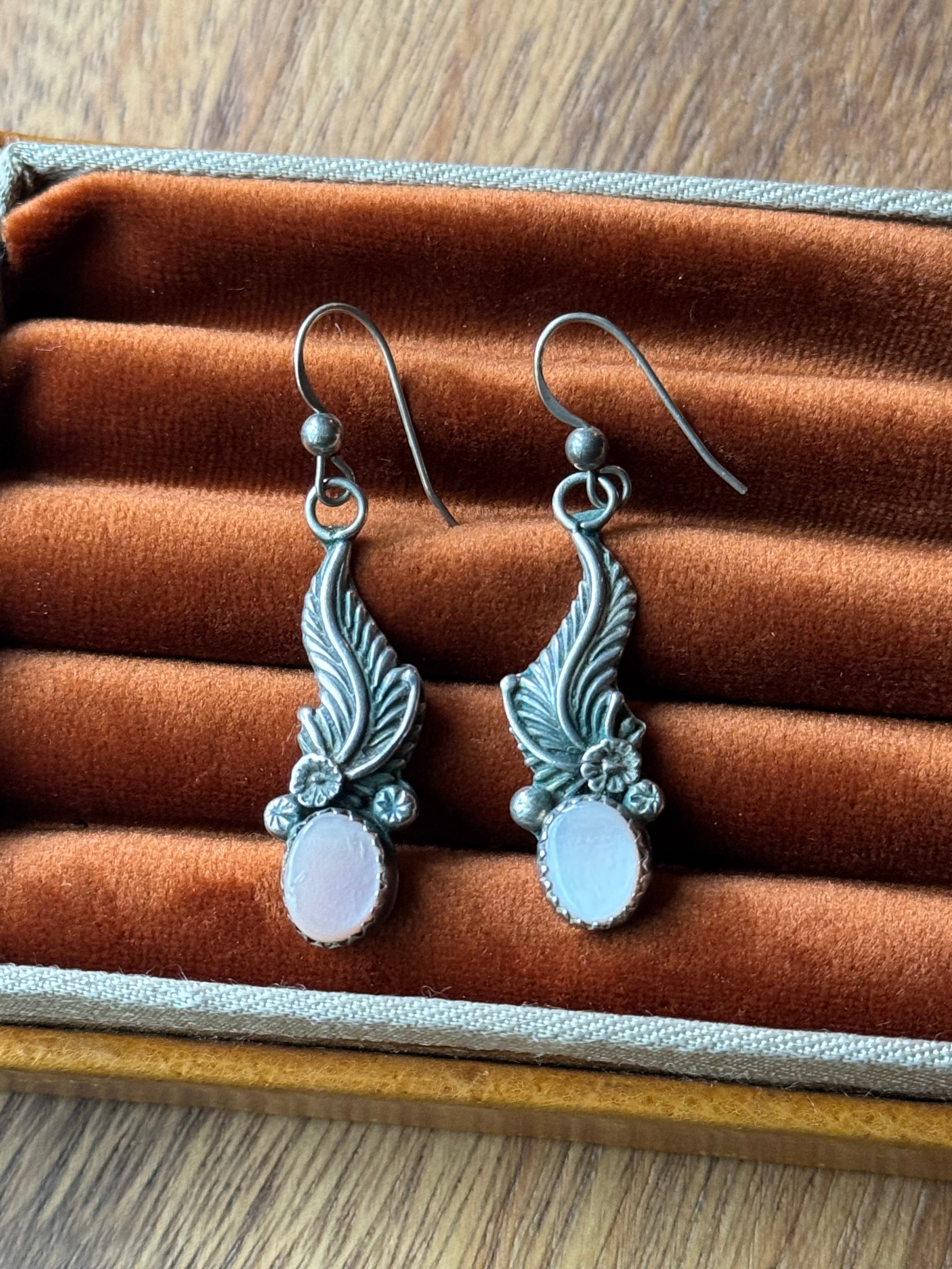 Vintage Sterling Silver Mother Of Pearl Feather Earrings
