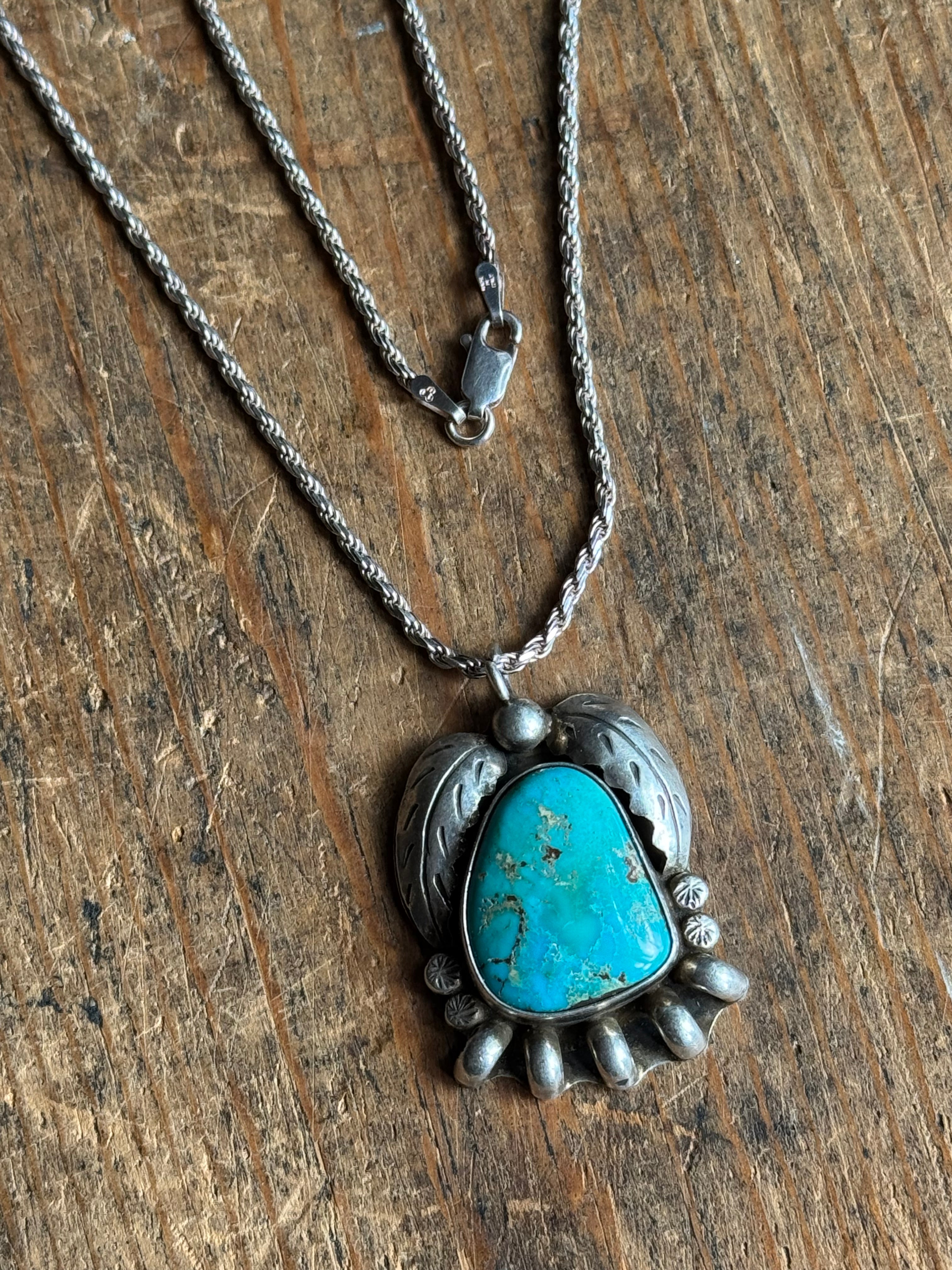 Vintage Sterling Silver Chunky Turquoise Leaf 24" Necklace