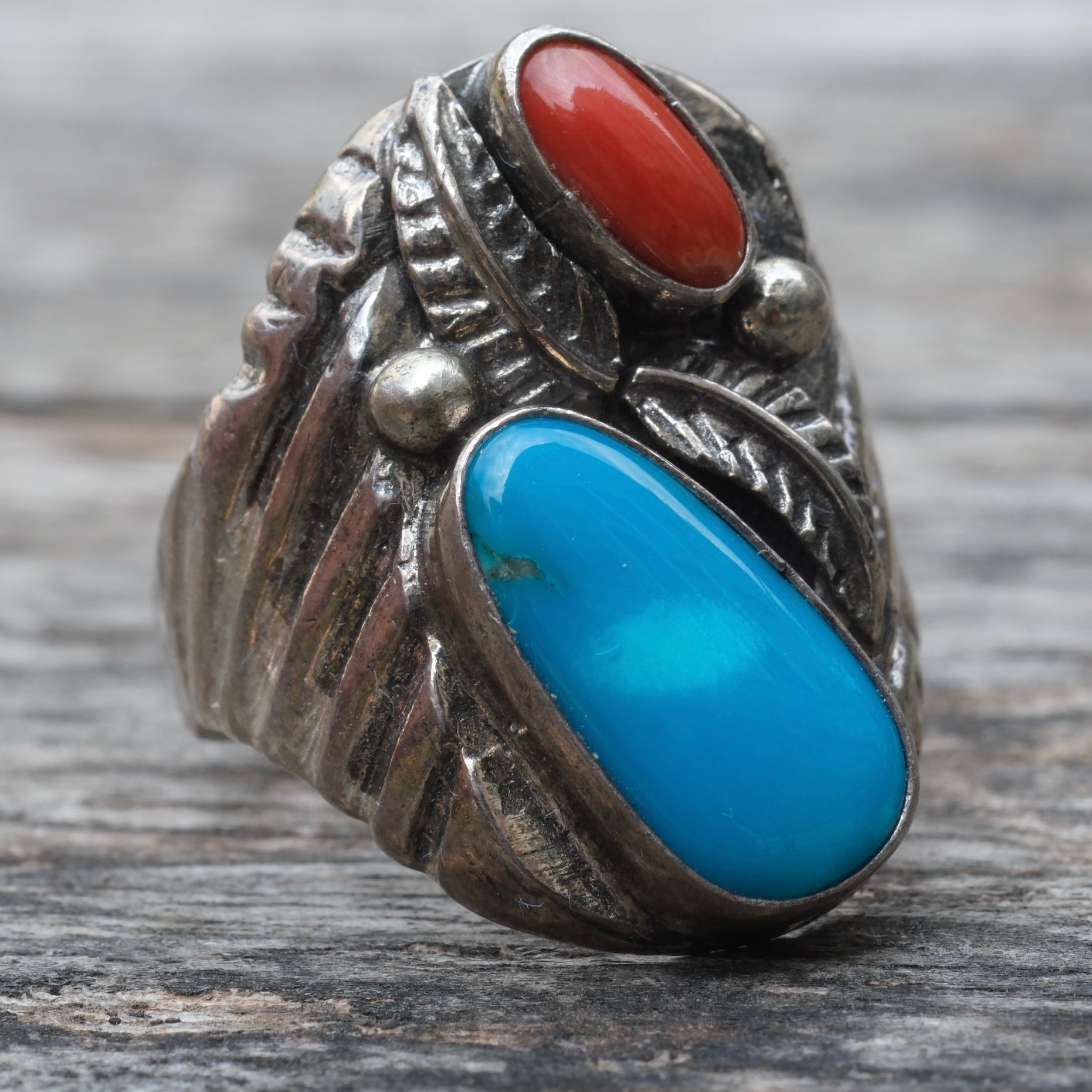 Vintage Sterling Turquoise and Coral Ring 9.75