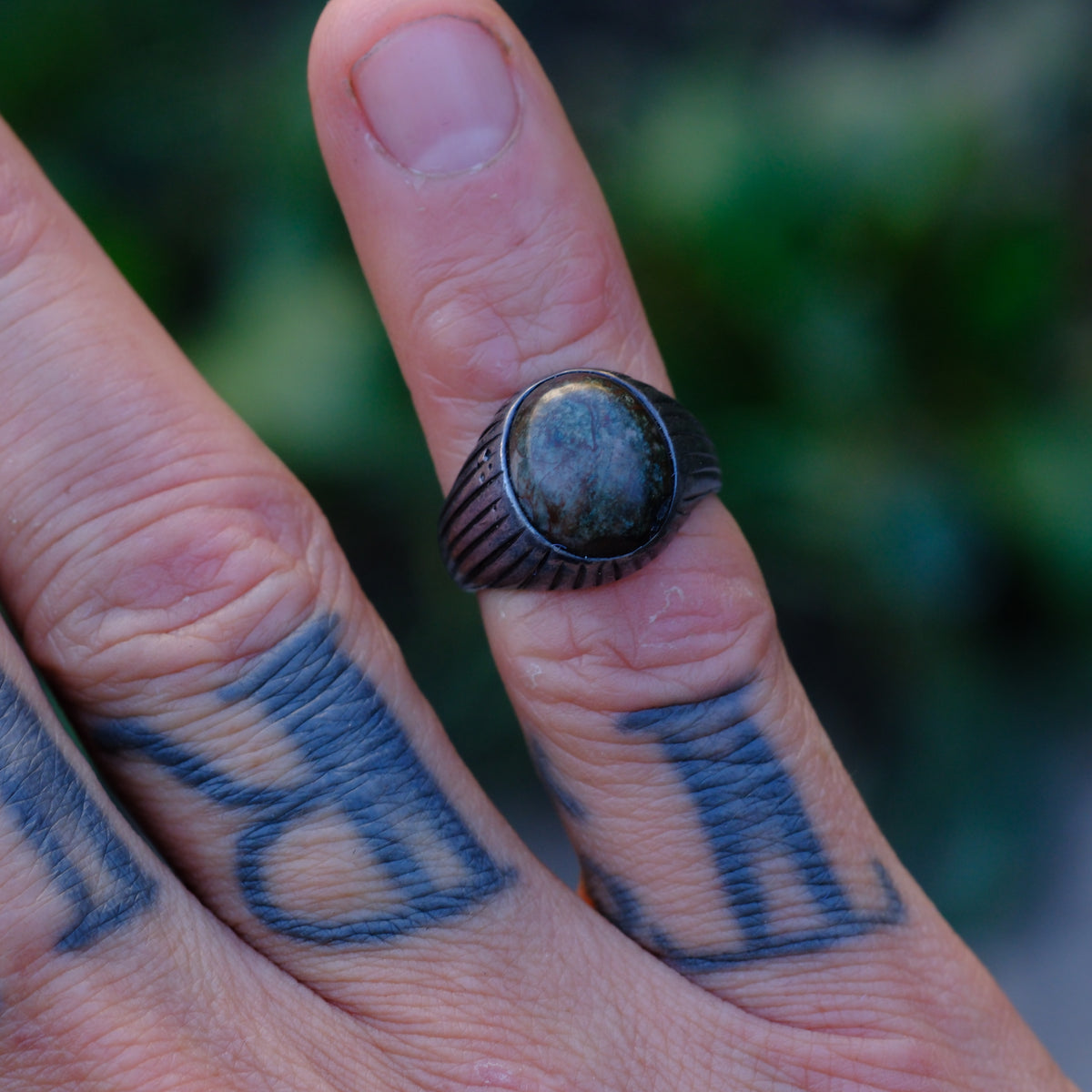 Vintage Sterling Agate Ribbed Band Ring 4.75