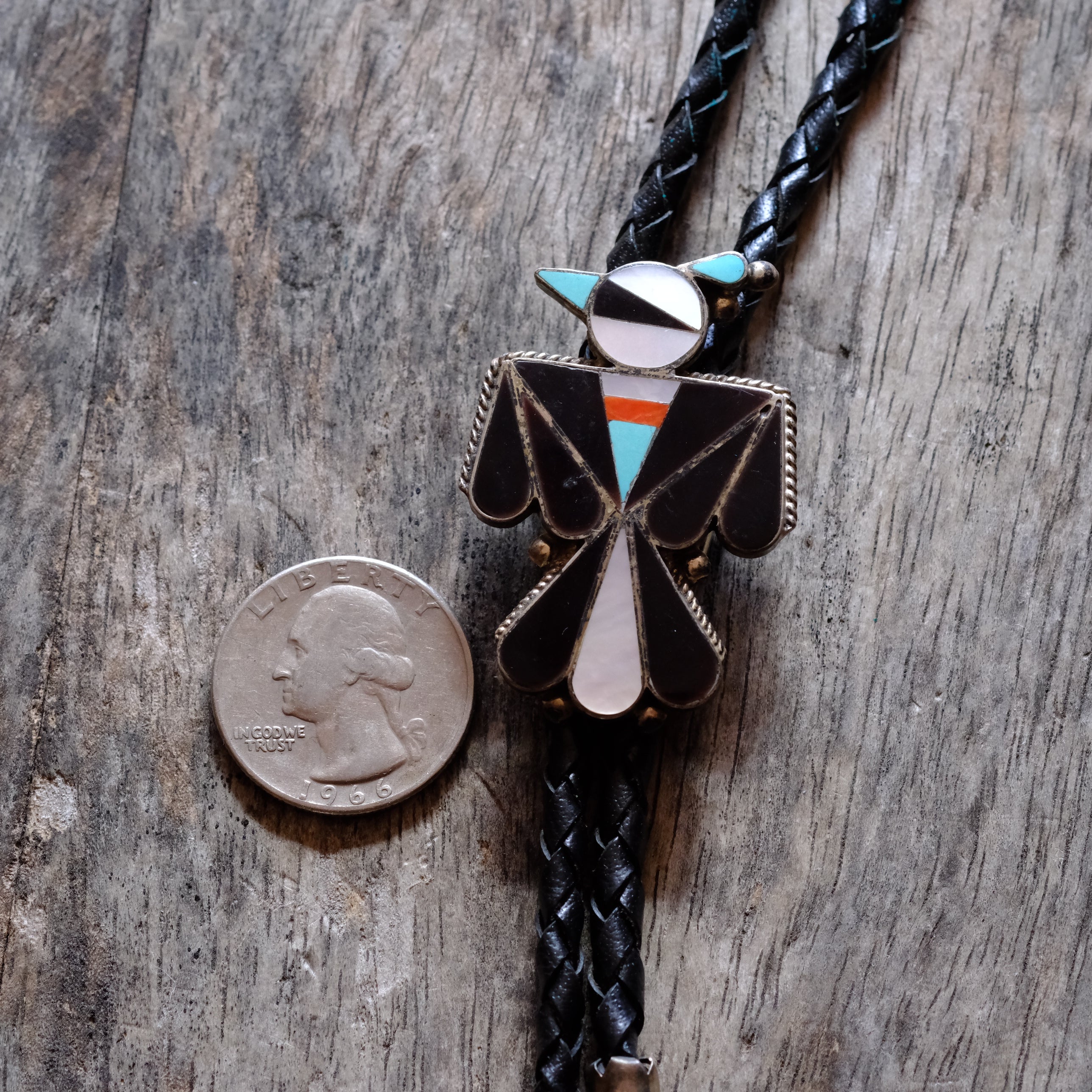 Vintage Sterling Multi Stone Inlay Thunderbird Bolo Tie
