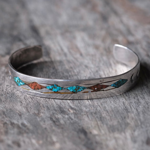 Vintage Sterling Crushed Turquoise and Coral Cuff