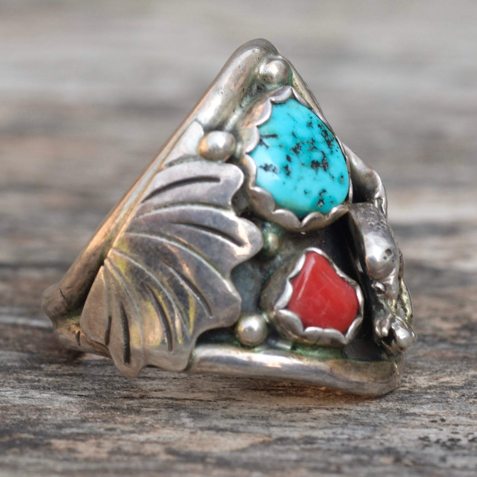 Vintage Sterling Turquoise and Coral Eagle Ring 10