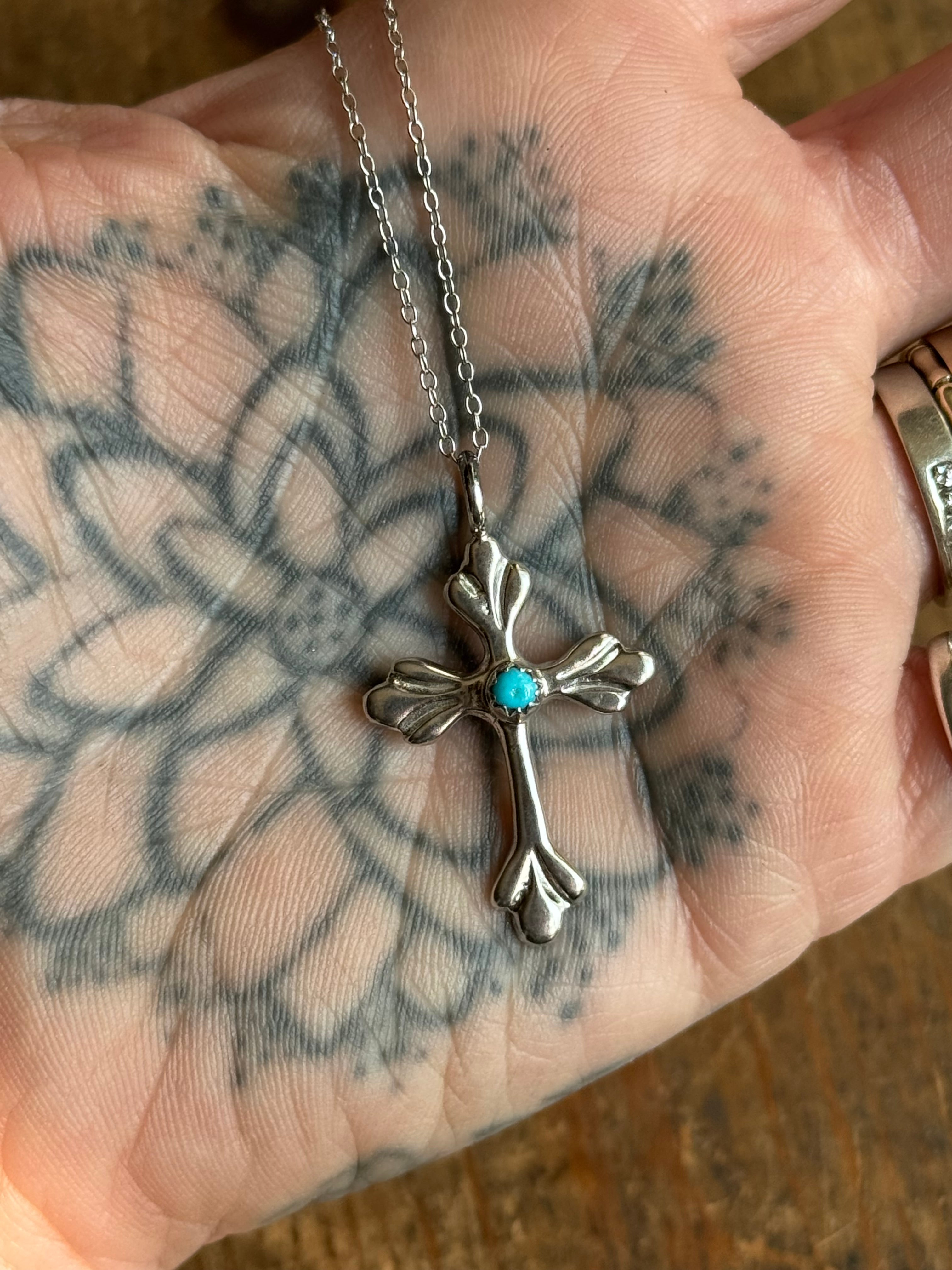 Vintage Sterling Silver Turquoise Cross 18" Necklace