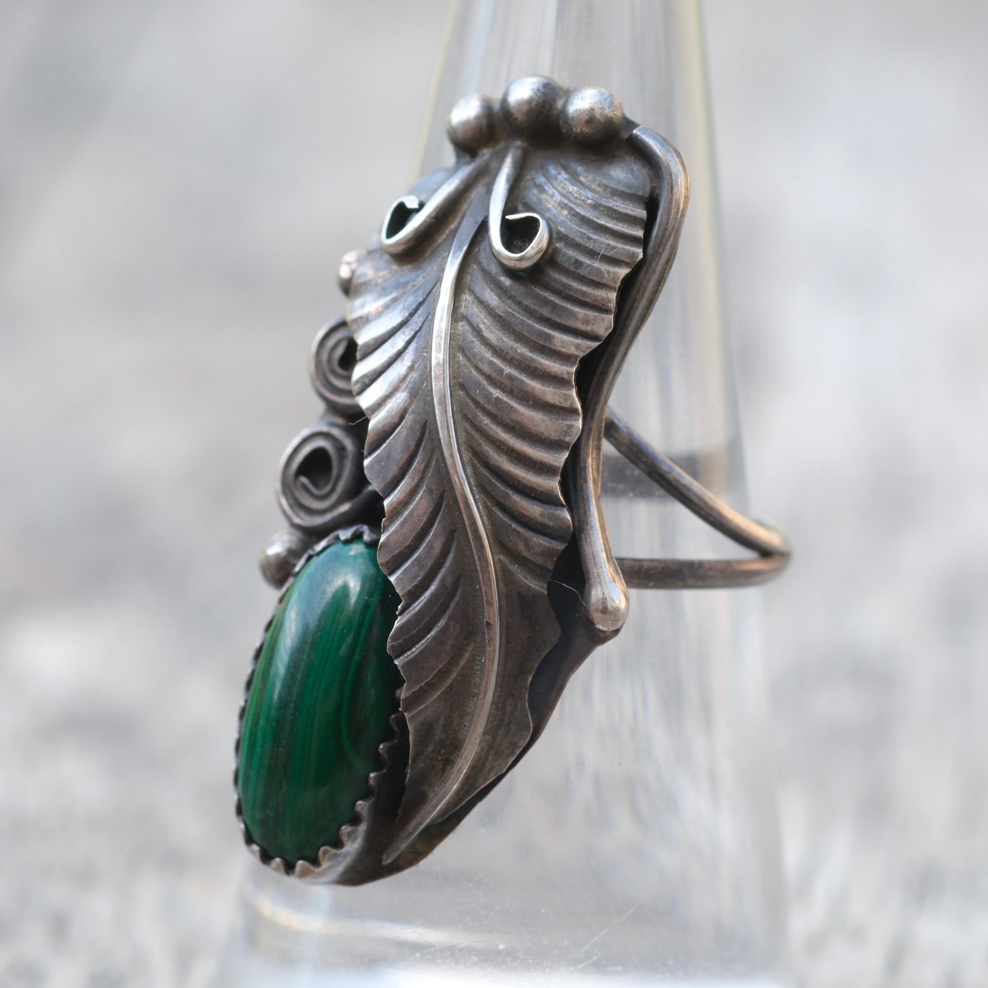 Vintage Sterling Malachite Feather Ring 7.5