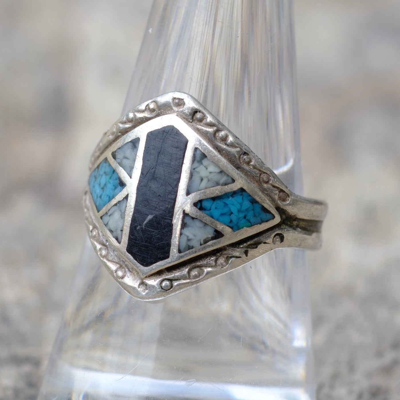 Vintage Sterling Multi Stone Inlay Ring 9