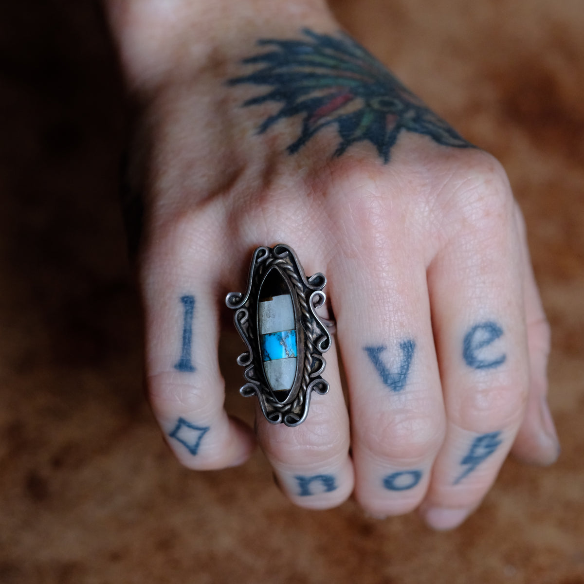 Vintage Sterling Multi Stone Inlay Ring 5.5