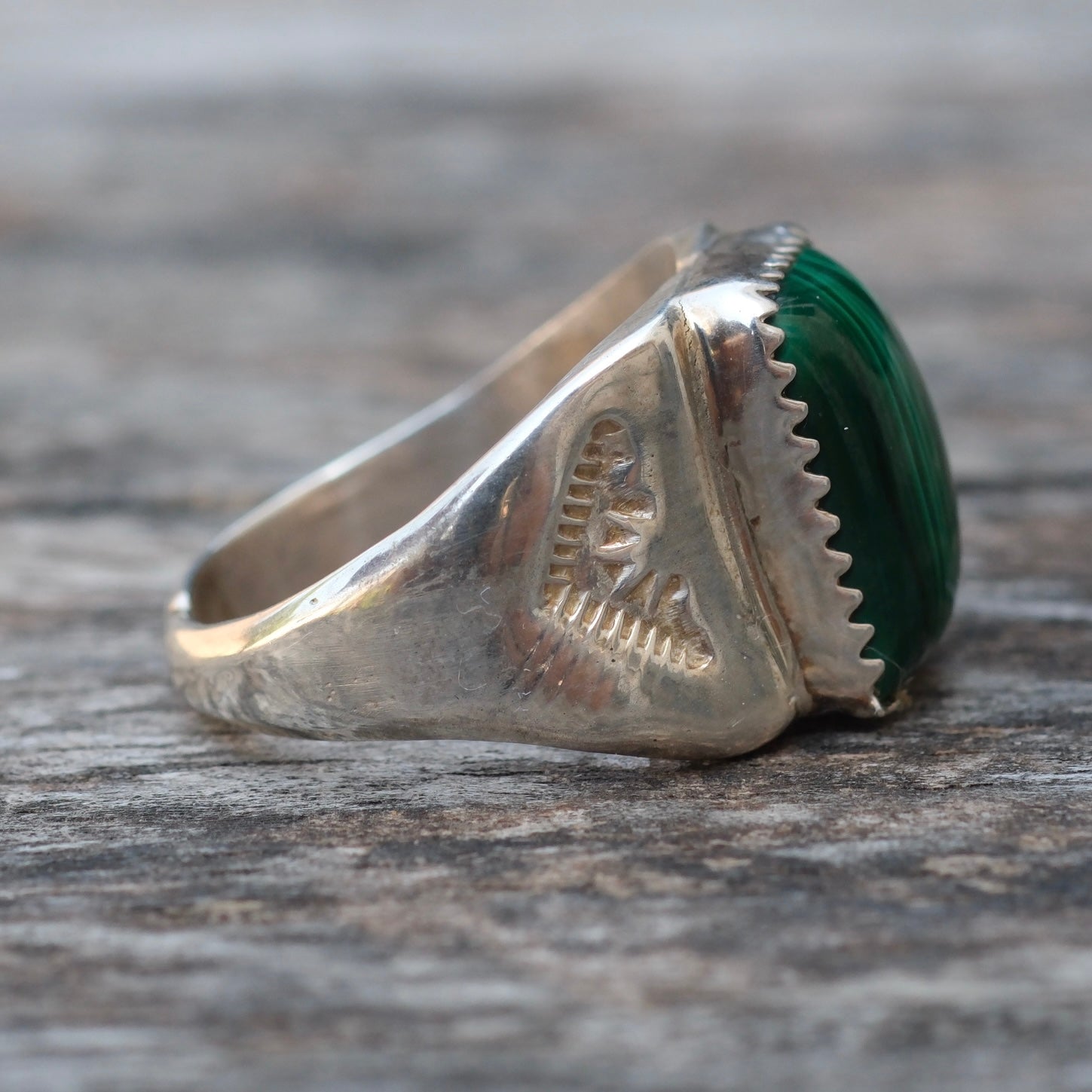 Vintage Sterling Malachite Stamped Band Ring 7.25