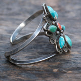 Chunky Vintage Sterling Turquoise and Coral Cluster Cuff