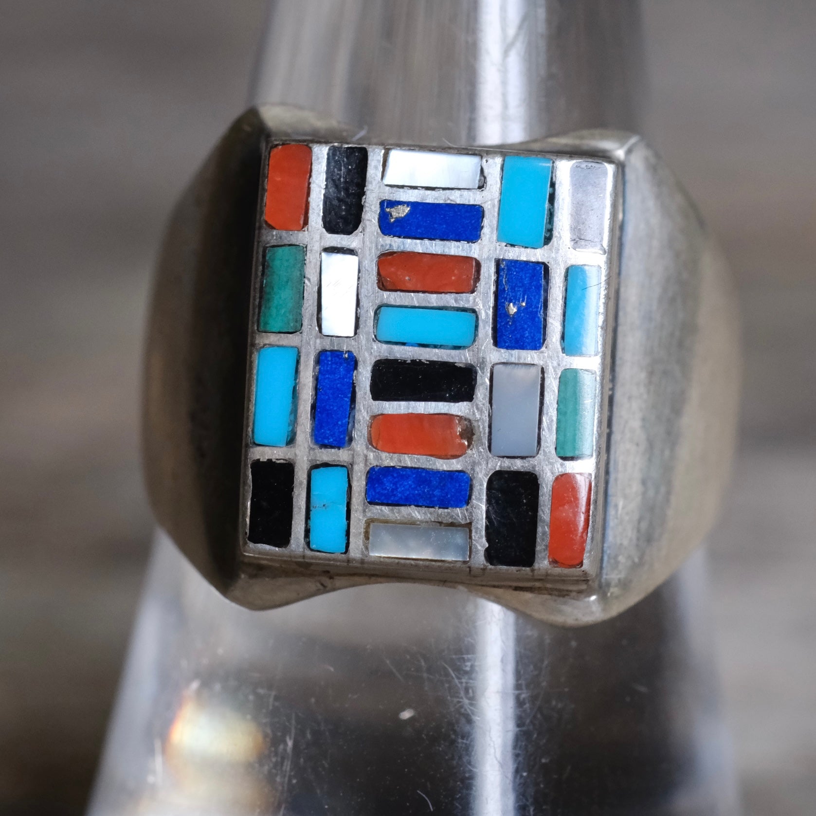 Vintage Sterling Multistone Inlay Mosaic Signet Ring 9