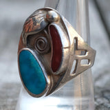 Vintage Sterling Turquoise and Coral Feather Ring 10