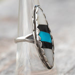 Vintage Sterling Turquoise and Onyx and MOP Inlay Roper Ring 6.75