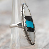 Vintage Sterling Turquoise and Onyx and MOP Inlay Roper Ring 6.75
