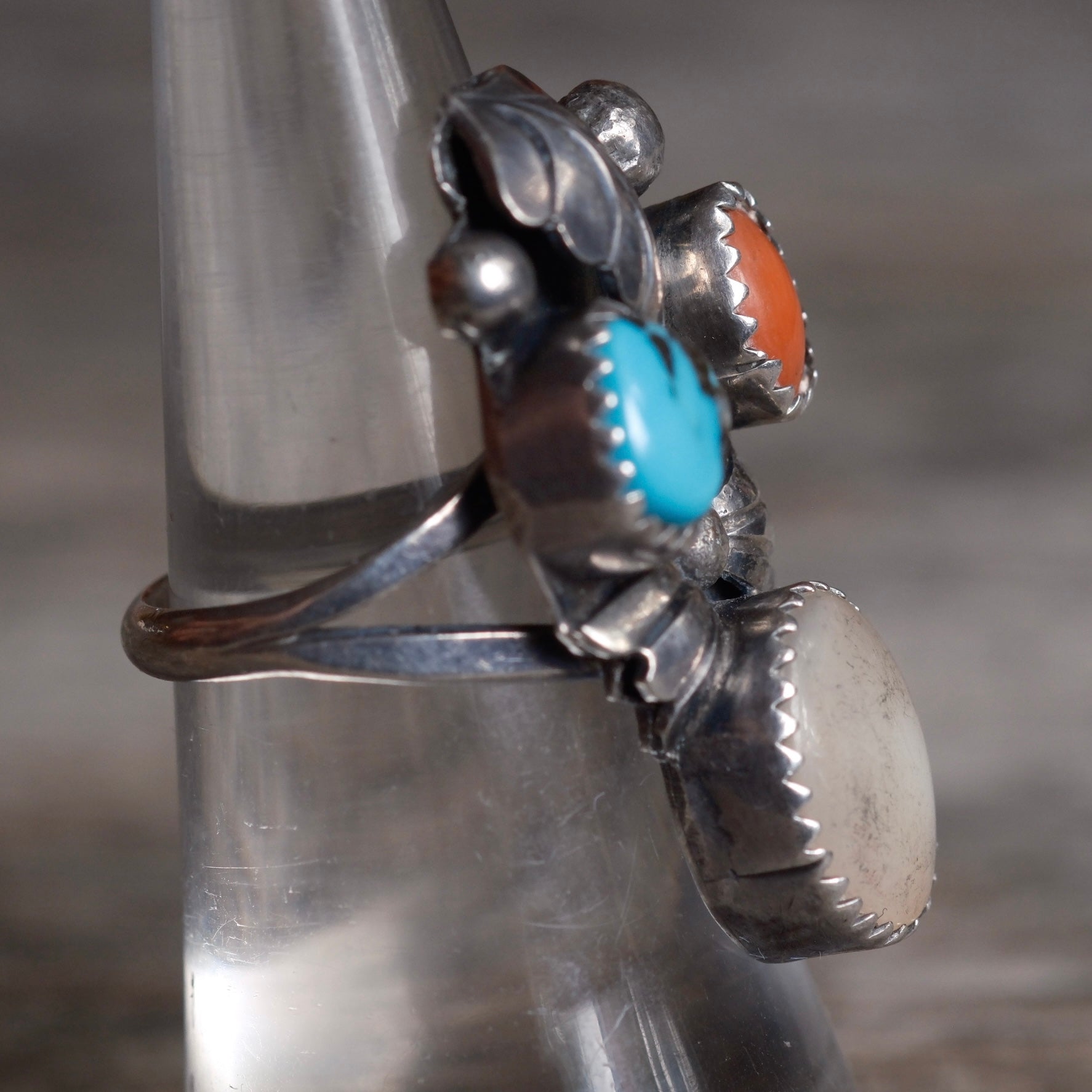 Vintage Sterling Turquoise Coral and MOP Feather Ring 6.5