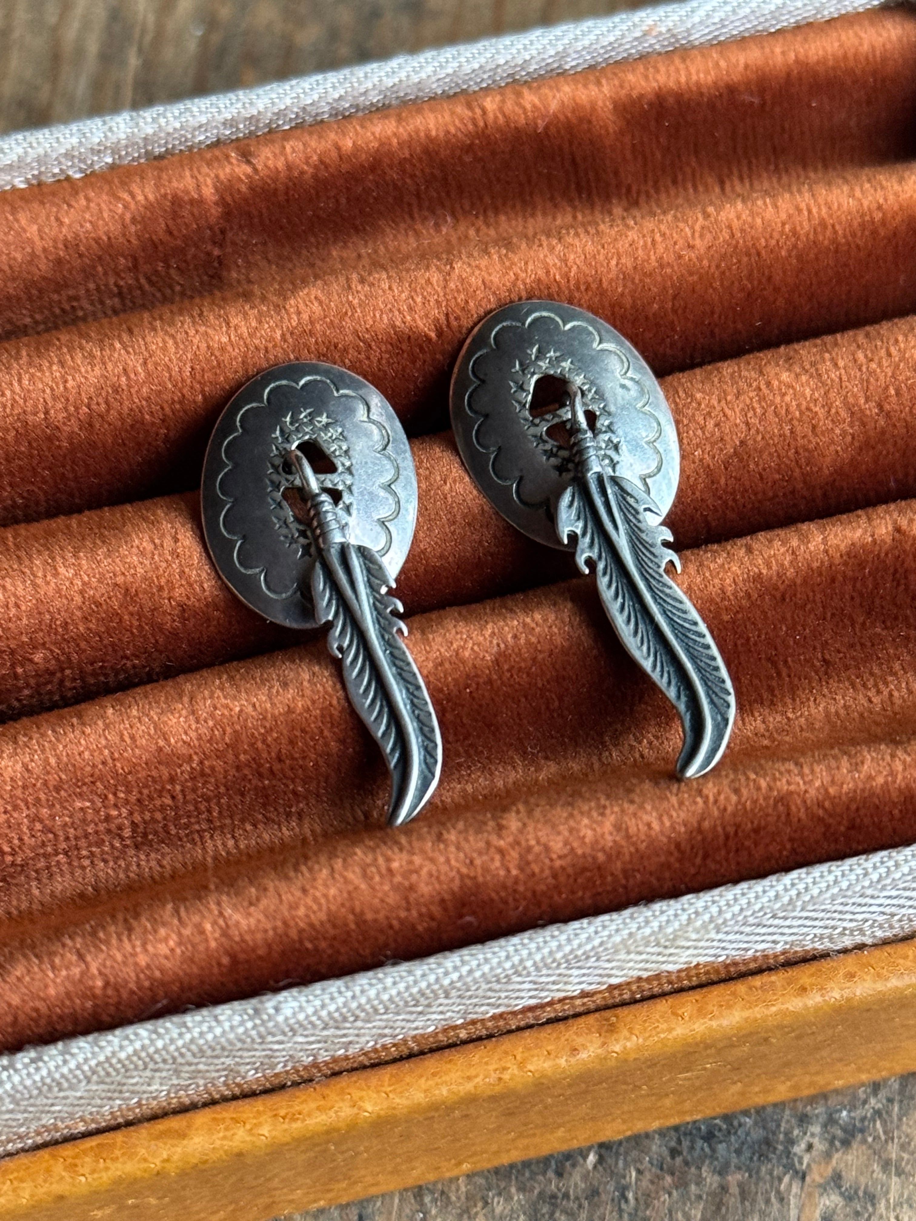 Vintage Sterling Silver Feather Concho Earrings