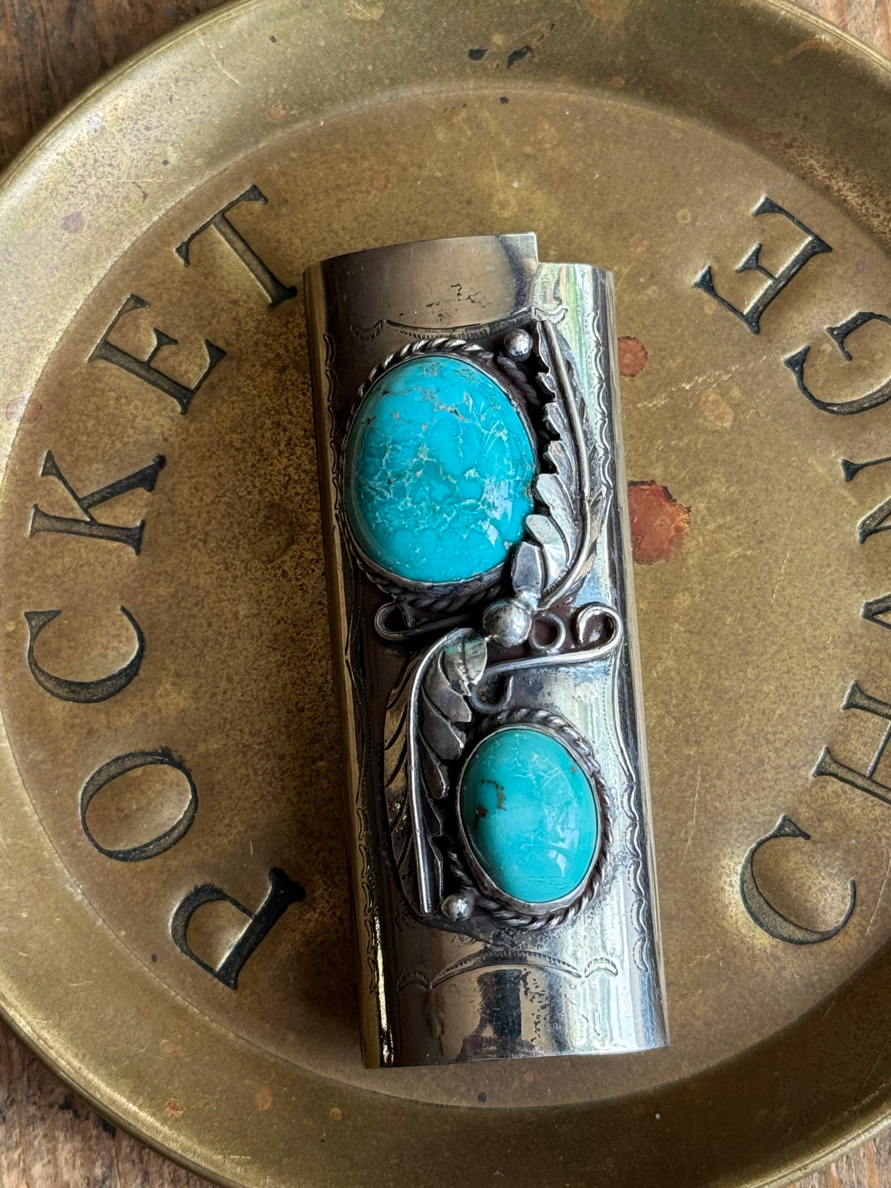 Vintage Stamped Nickel & Sterling Silver Turquoise Lighter Case