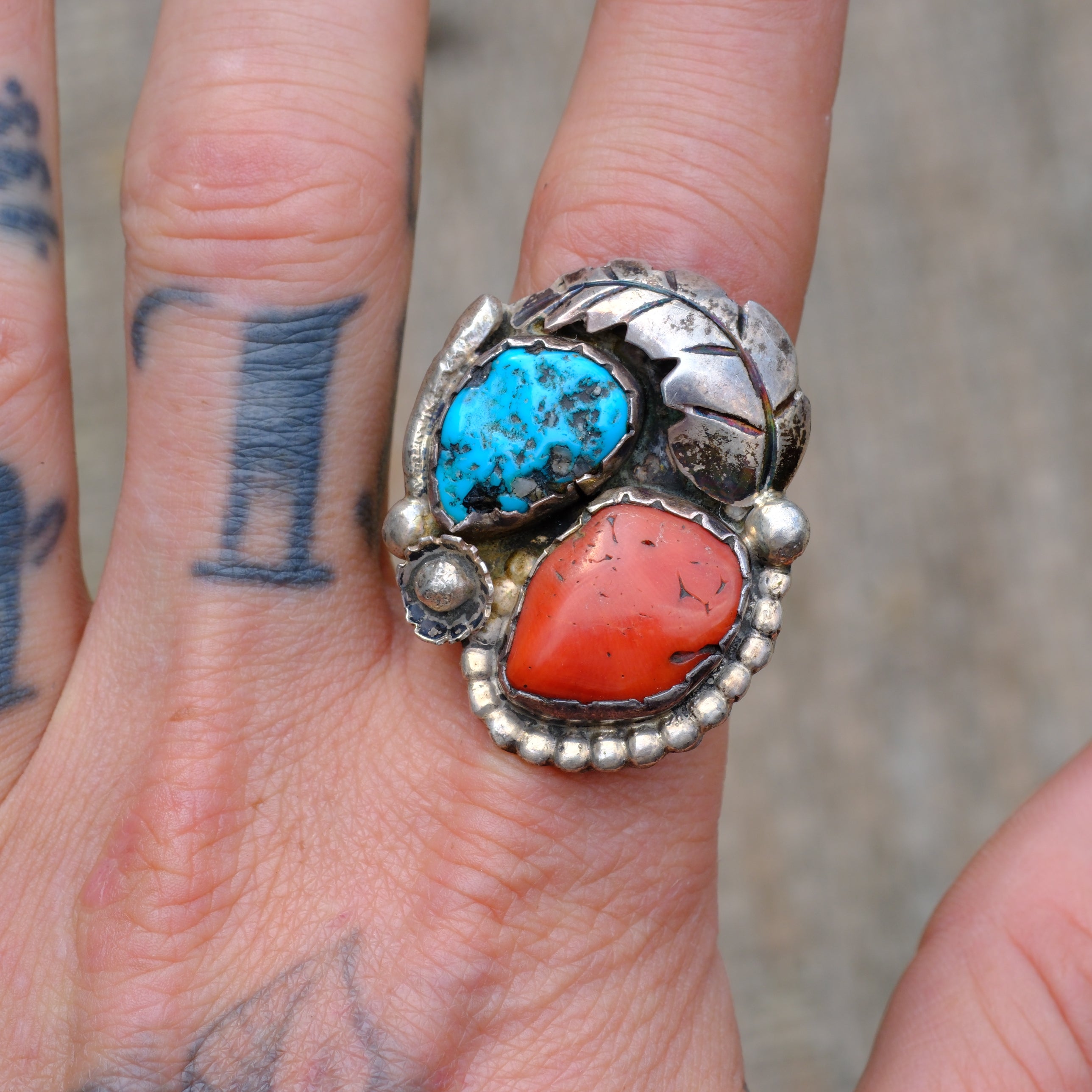 Vintage Sterling Turquoise and Coral Feather Ring 11.75