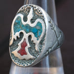 Vintage Sterling Crushed Turquoise and Coral Thunderbird Ring 10