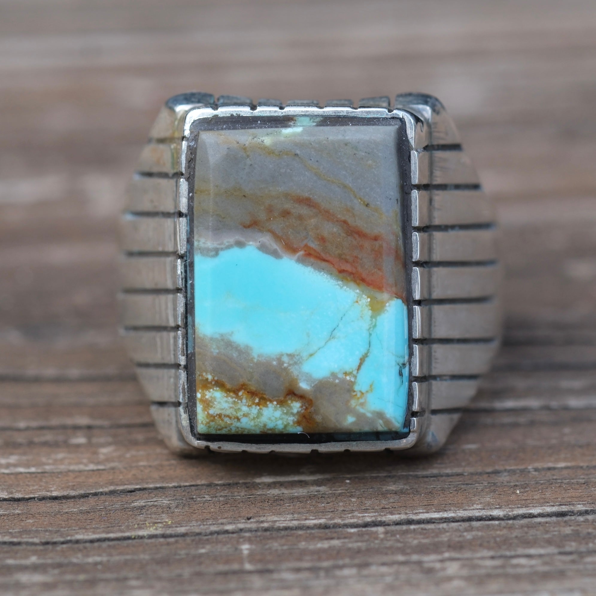 Vintage Sterling Turquoise Ribbed Band Ring 12.75