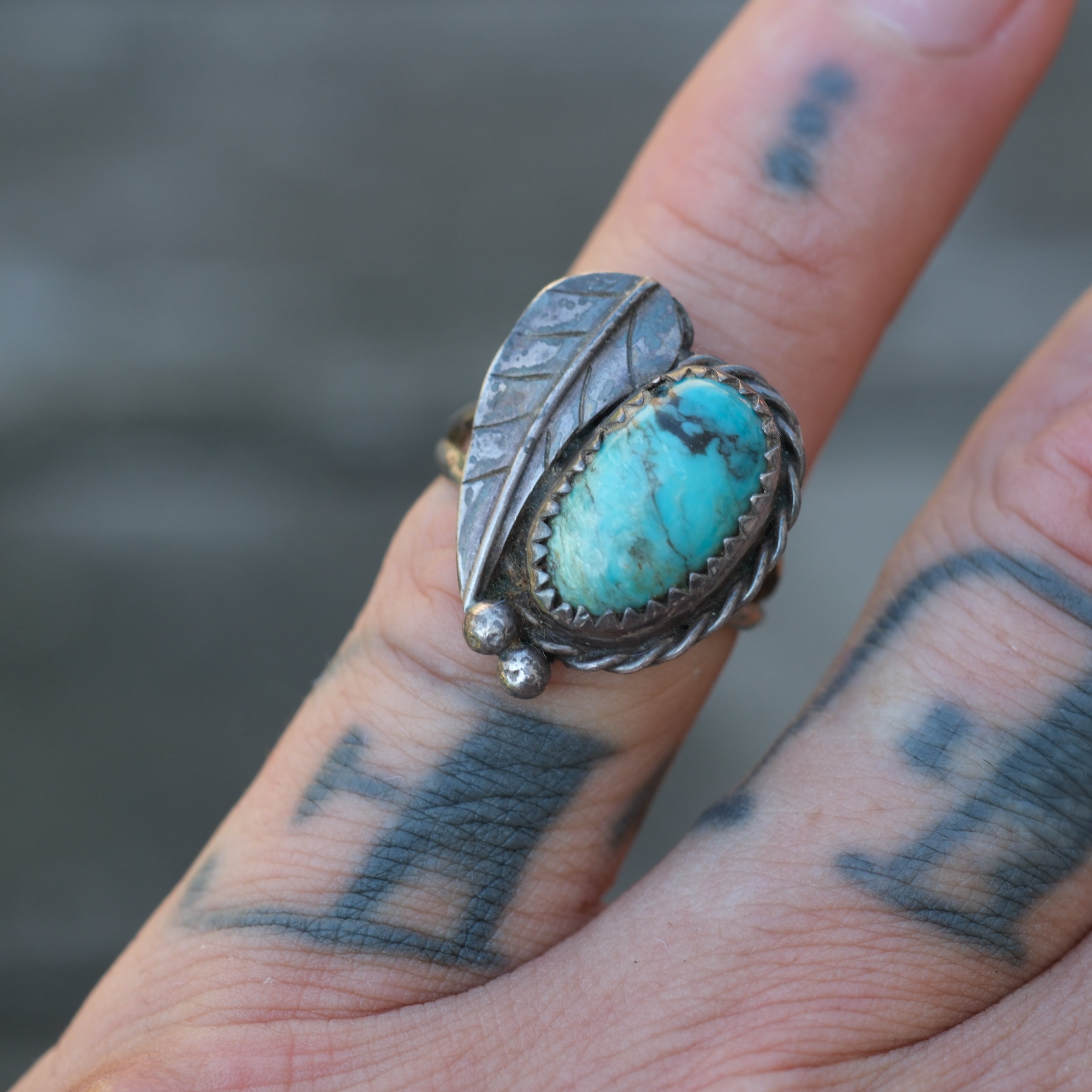 Vintage Sterling Turquoise Feather Ring 5.25