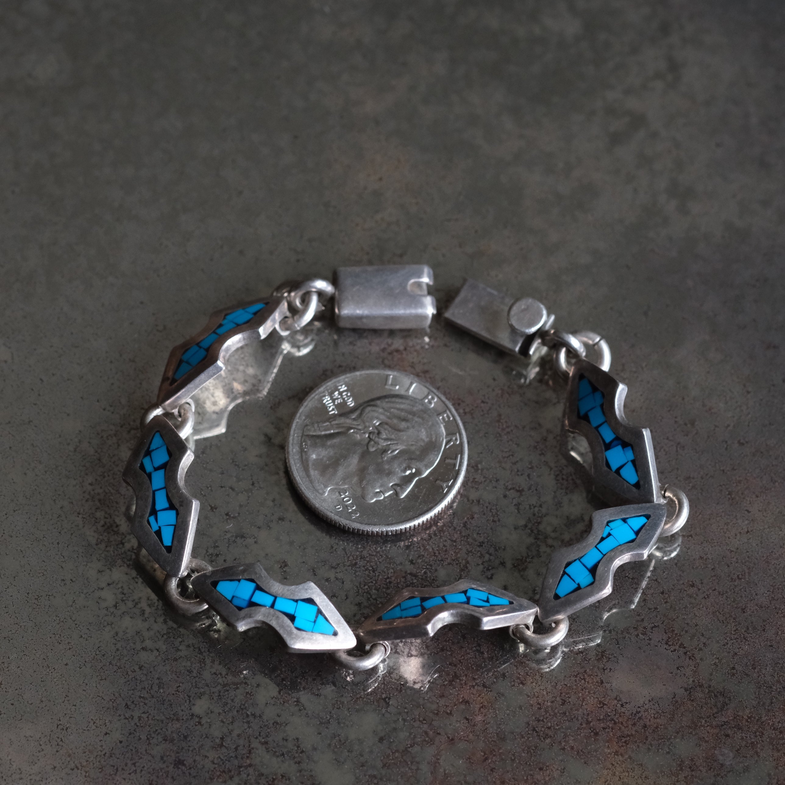 Vintage Sterling Turquoise Chip Inlay Bracelet 6.5"