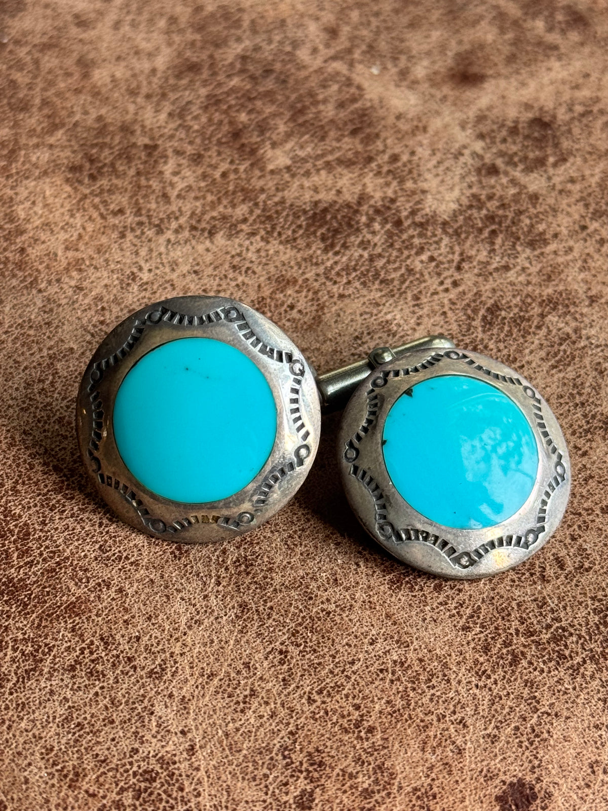 Vintage Sterling Silver Stamped Turquoise Inlay Concho Cufflinks