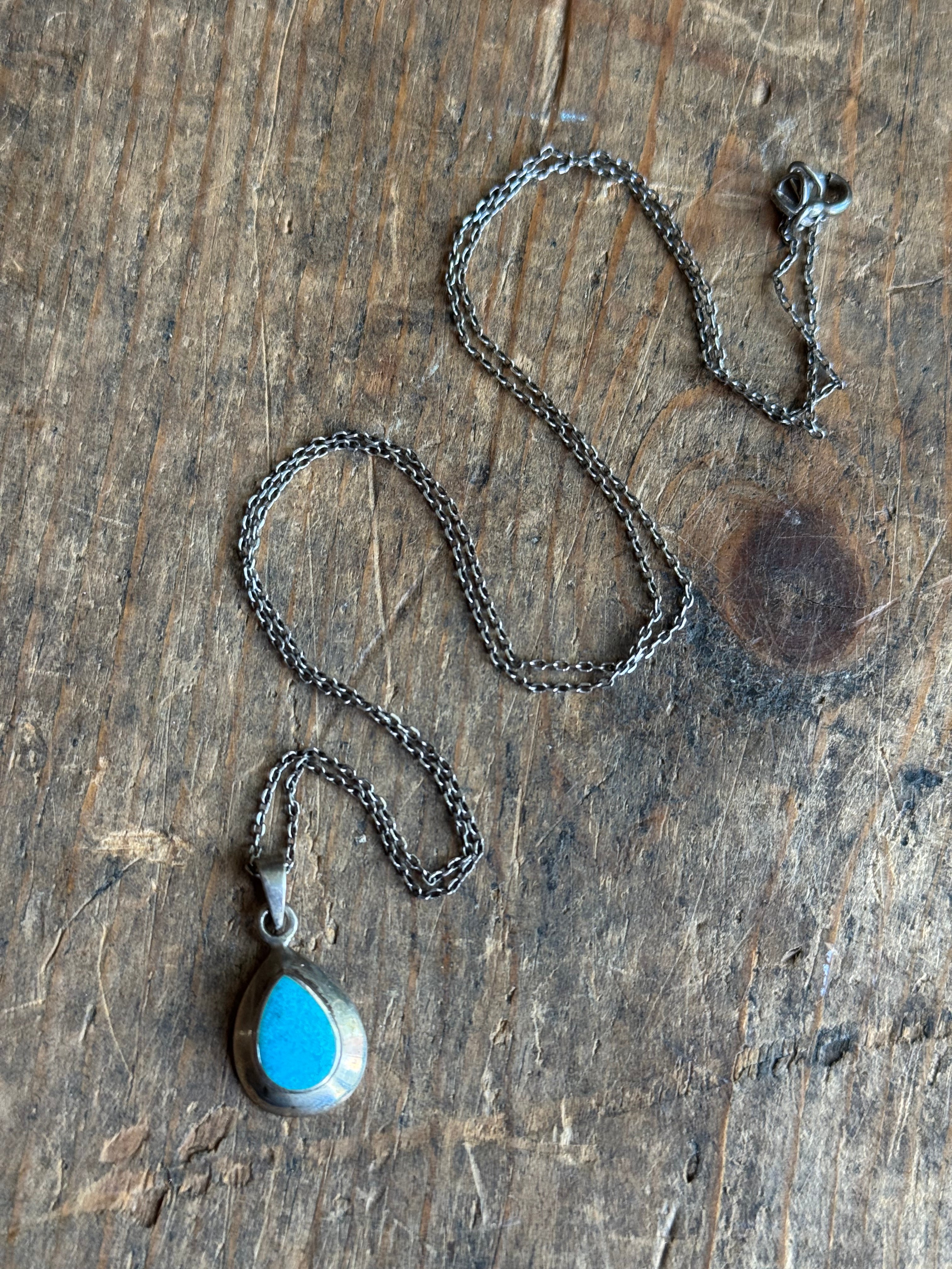 Vintage Sterling Silver Turquoise Teardrop Necklace