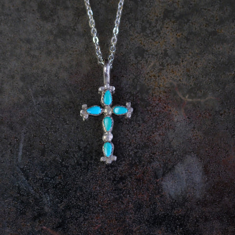 Vintage Sterling Small Turquoise Cross Necklace