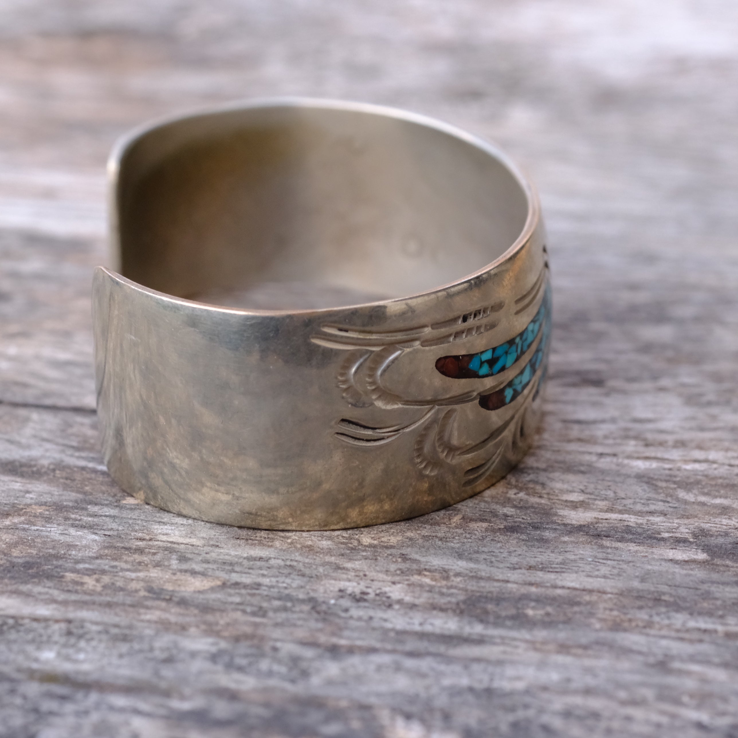 Vintage Sterling Turquoise and Coral Inlay Wide Cuff Bracelet