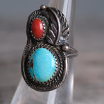 Vintage Sterling Turquoise And Coral Feather Ring 6.5