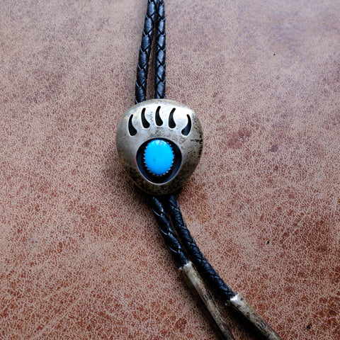 Vintage Sterling Turquoise Bear Paw Bolo Tie