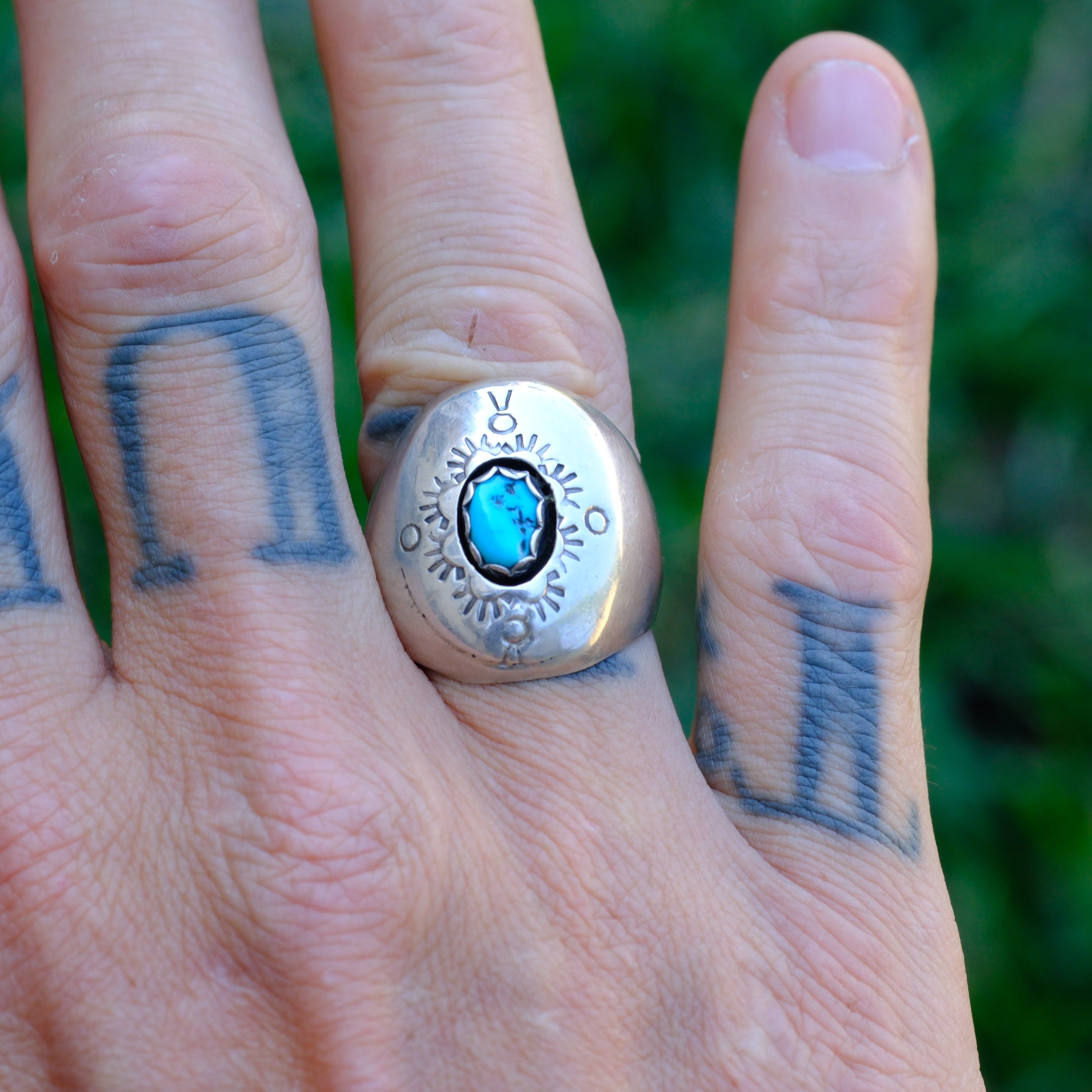 Vintage Sterling Turquoise Stamped Shadowbox Ring 9