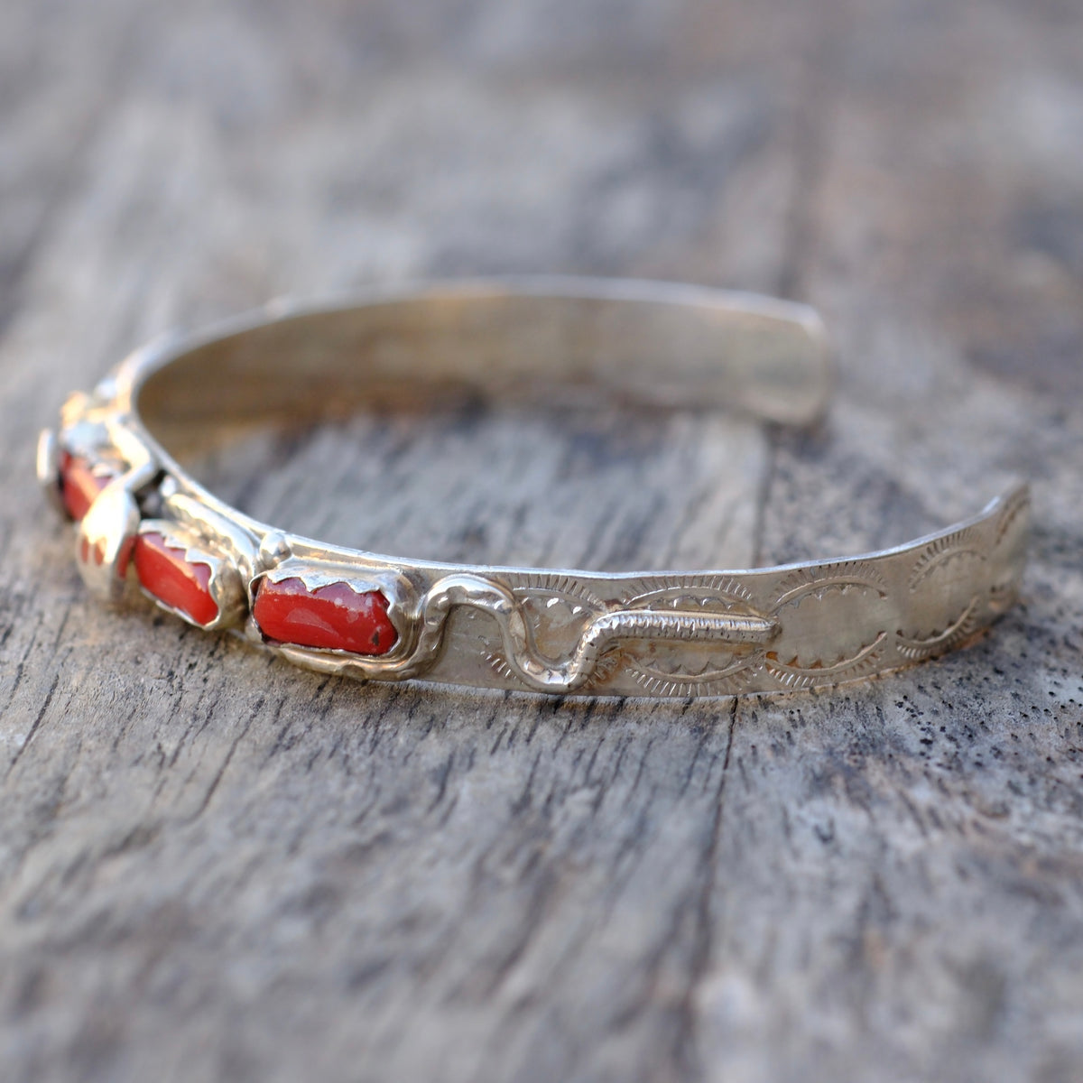 Vintage Sterling Coral Snake Cuff Bracelet