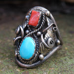 Vintage Sterling Turquoise and Coral Feather Ring 11.5