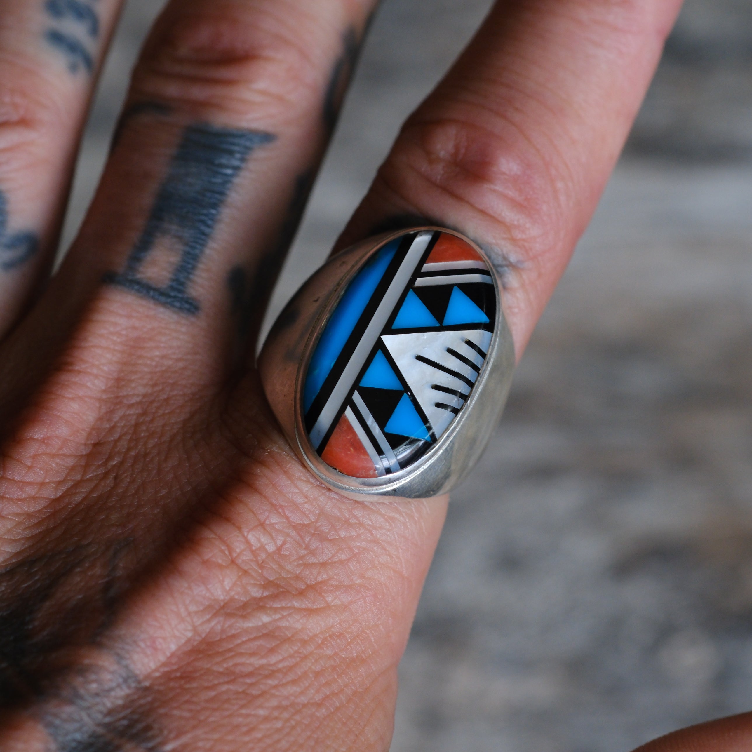 Vintage Sterling Zuni Inlay Ring 12.25