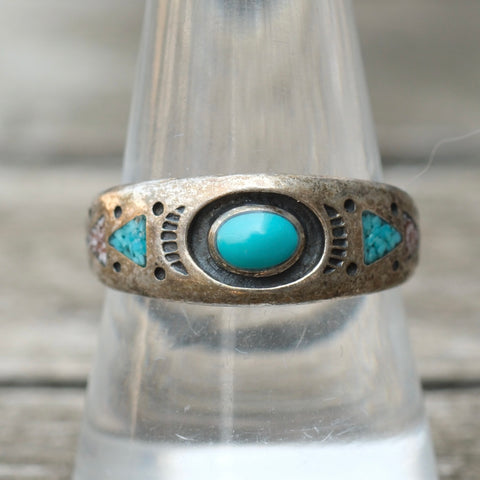 Vintage Sterling Turquoise and Coral Ring 9.25