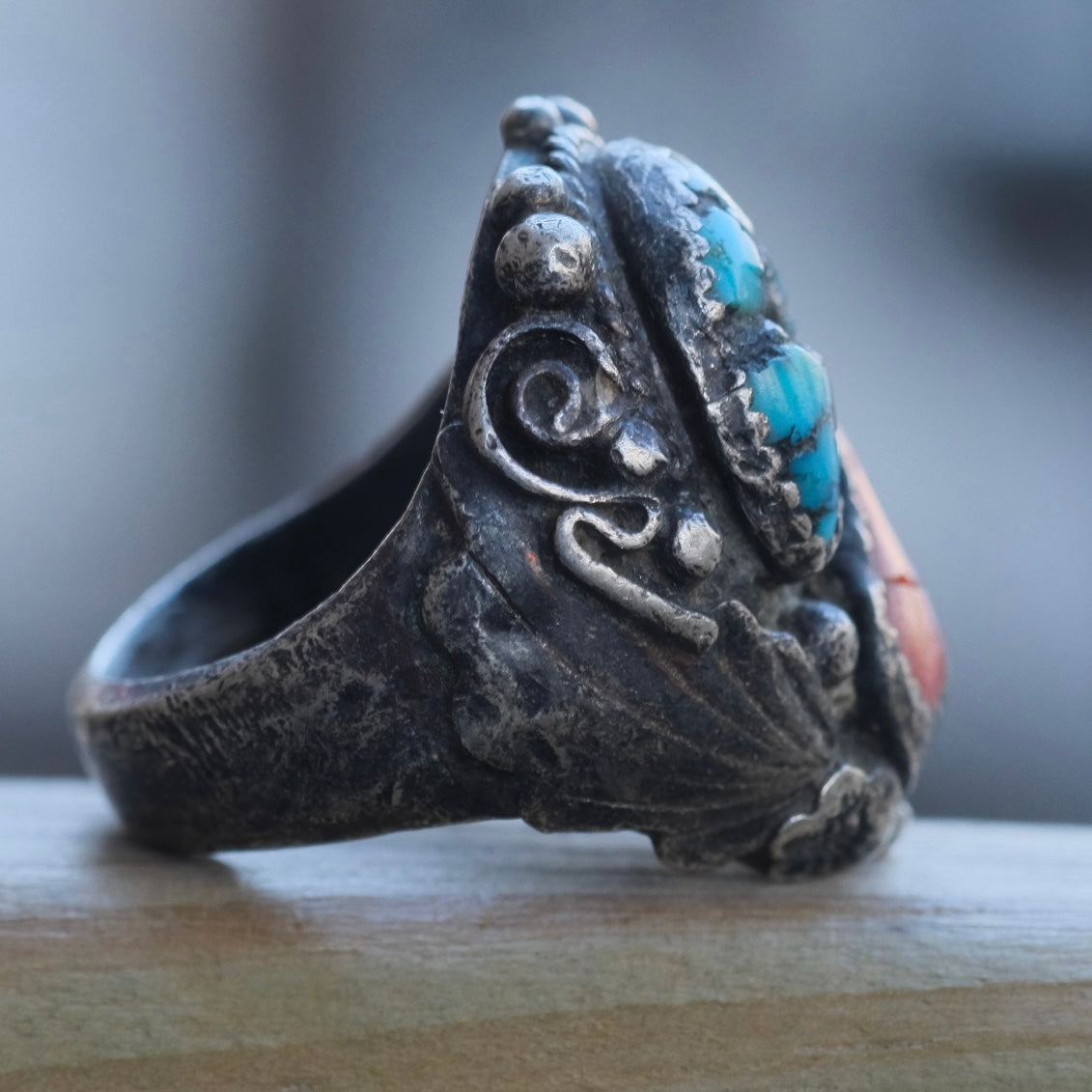 Vintage Sterling Turquoise and Coral Feather Ring 9.75