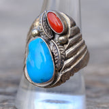 Vintage Sterling Turquoise and Coral Feather Ring 10