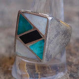 Vintage Sterling Turquoise Jet and MOP Inlay Ring 10.5